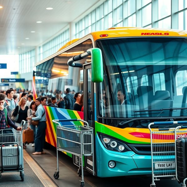 Uma imagem mostrando um ônibus de airport shuttle em um terminal de aeroporto.