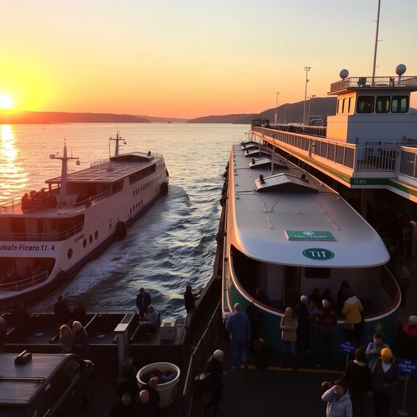 Una imagen de una terminal de ferry con barcos atracados.