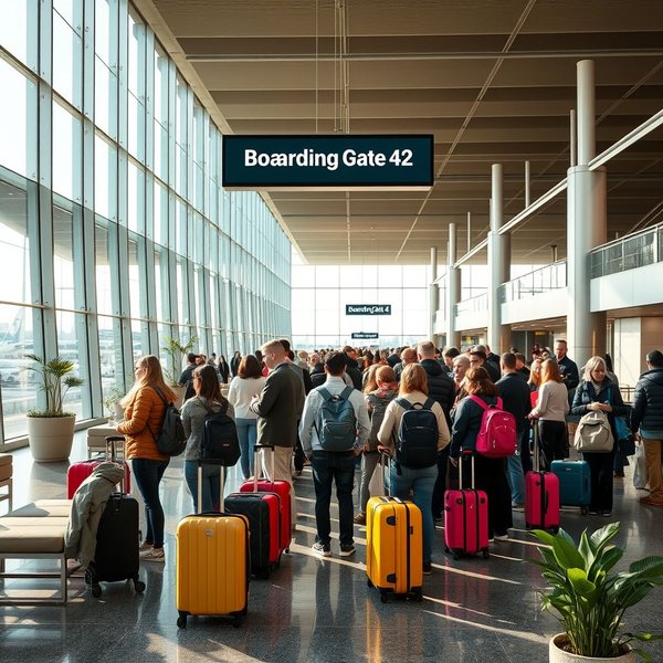 Un'immagine che mostra a boarding gate in un aeroporto