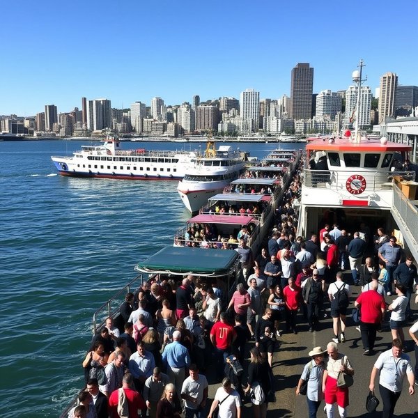 Un'immagine di un a ferry terminal con barche attraccate.
