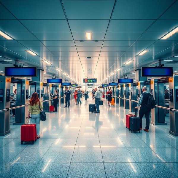 Passeggeri che attraversano a security screening in aeroporto