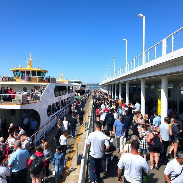 An image of a ferry terminal with boats docked.