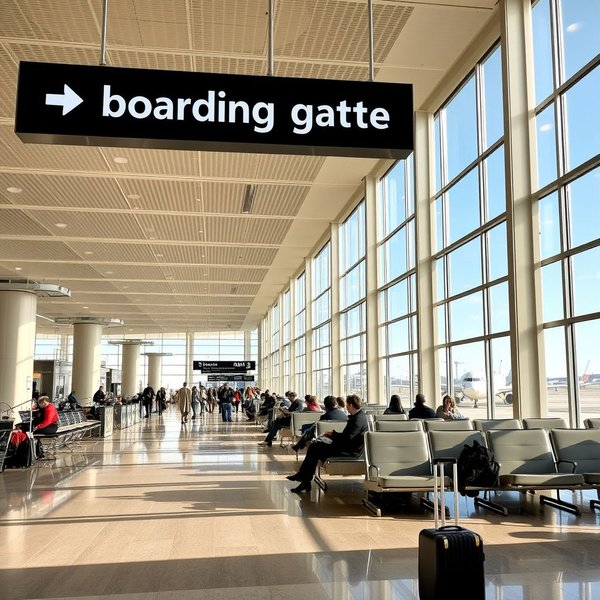 Ein Bild, das eine boarding gate an einem Flughafen zeigt