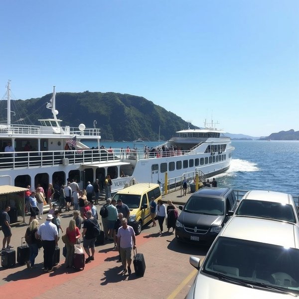 An image of a ferry terminal with boats docked.