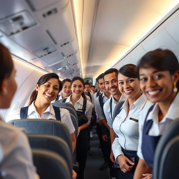Een afbeelding van the cabin crew die passagiers assisteert in een vliegtuig
