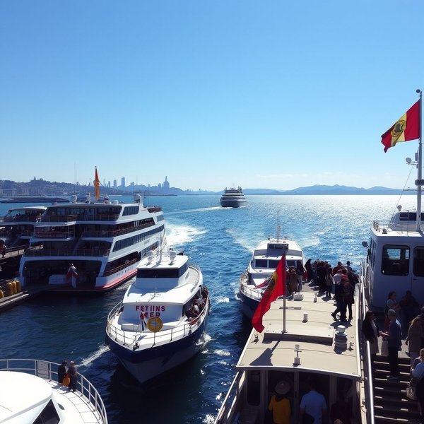 An image of a ferry terminal with boats docked.