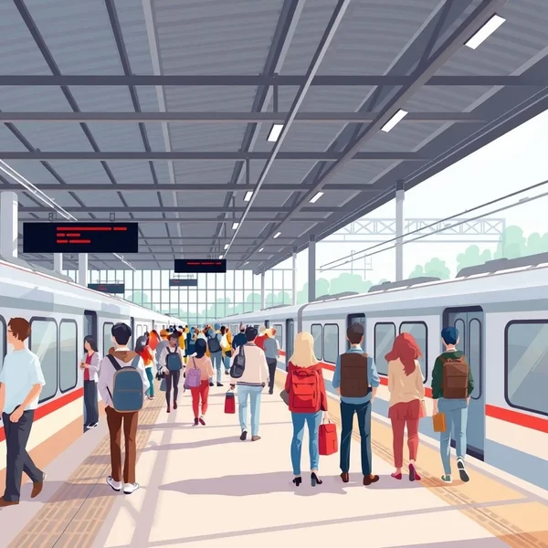 A bustling platform at a train station