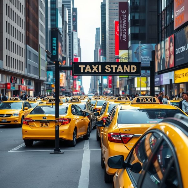 a taxi stand için bir tabelanın olduğu belirlenmiş bir alanı gösteren bir görsel.