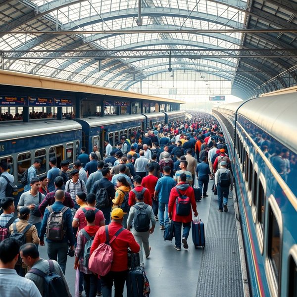 A bustling platform at a train station
