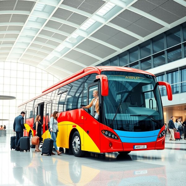 Bir havalimanı terminalinde bir airport shuttle otobüsü gösteren bir resim.