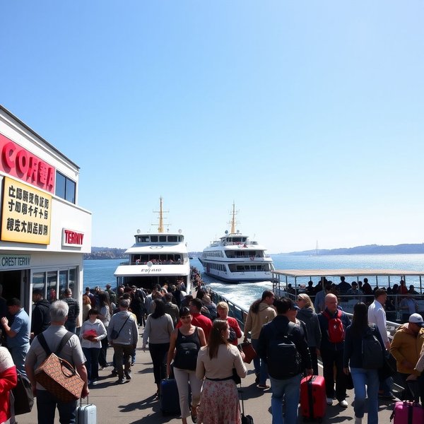 An image of a ferry terminal with boats docked.