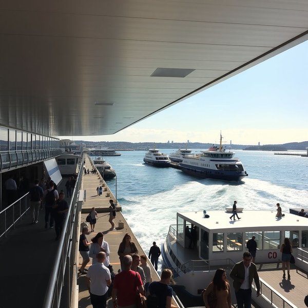 An image of a ferry terminal with boats docked.