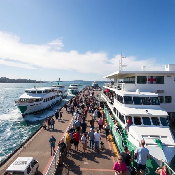 An image of a ferry terminal with boats docked.