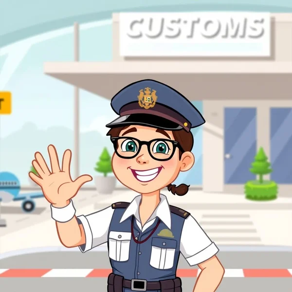 An illustration of a customs officer at an airport counter.