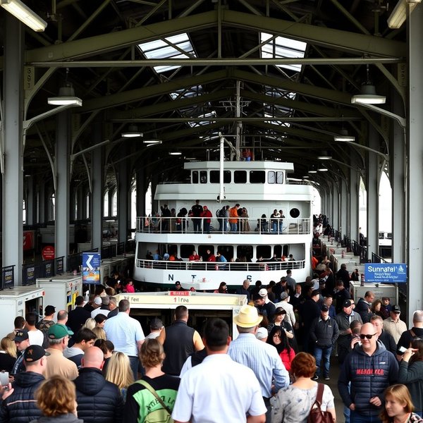 Gambar sebuah ferry terminal dengan kapal-kapal bersandar.
