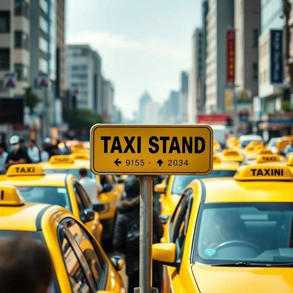 Sebuah gambar yang menunjukkan area khusus dengan papan penanda untuk a taxi stand.