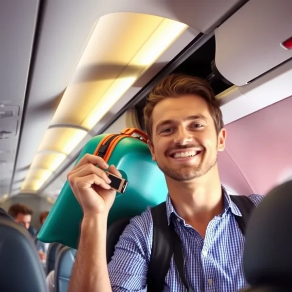 A person placing luggage in the overhead compartment on an airplane