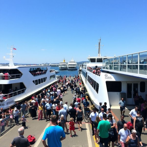 An image of a ferry terminal with boats docked.