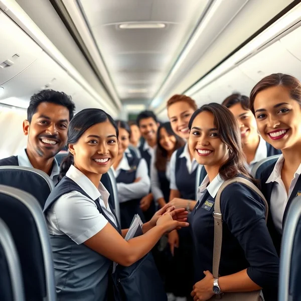 Uçakta yolculara yardımcı olan the cabin crew'nun resmi