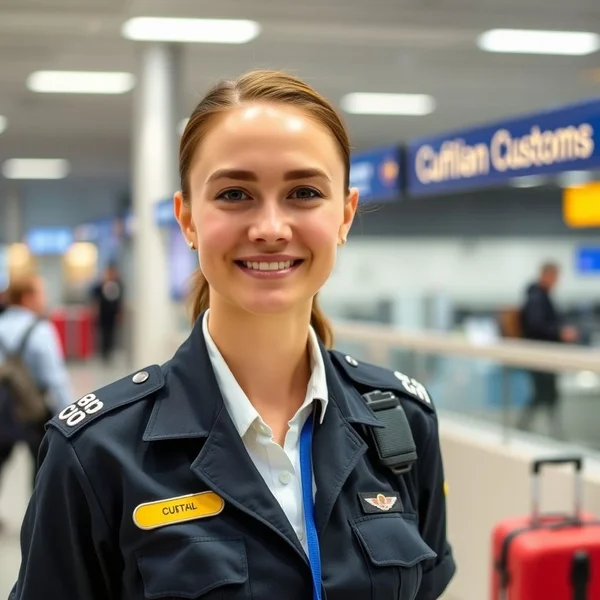 An illustration of a customs officer at an airport counter.
