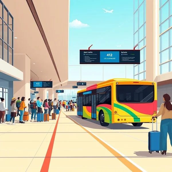 An image showing an airport shuttle bus at an airport terminal.
