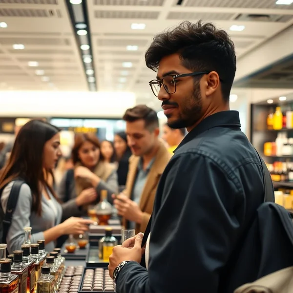A traveler looking at items in a duty-free shop