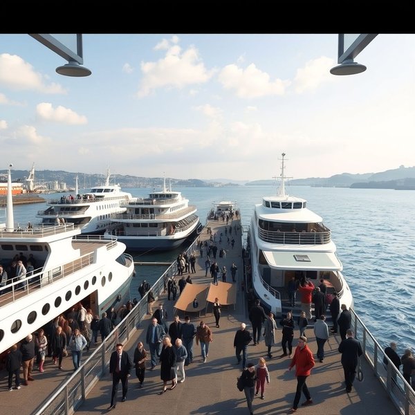 An image of a ferry terminal with boats docked.