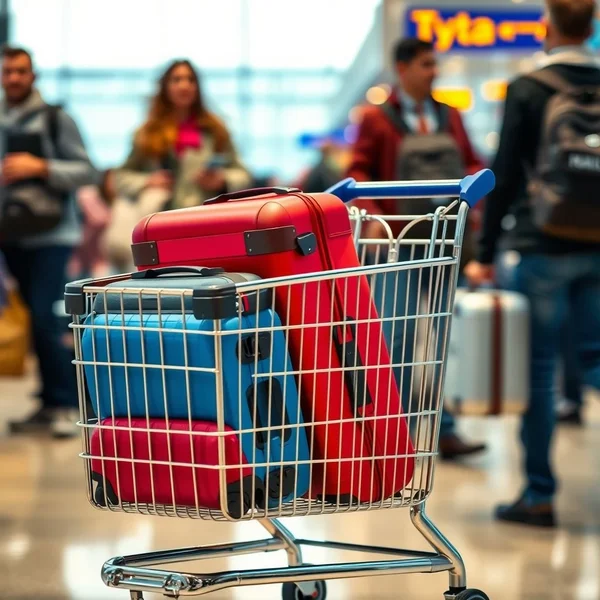 A person pushing a luggage cart at the airport