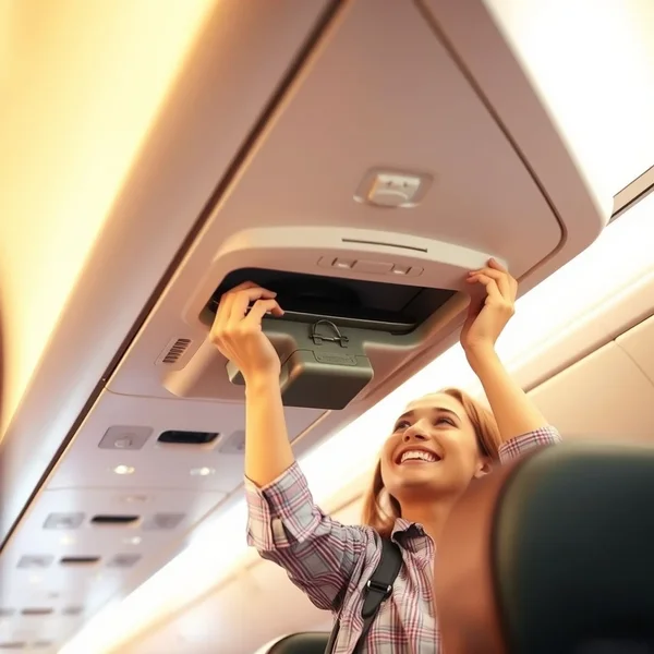 Eine Person, die Gepäck im overhead compartment in einem Flugzeug verstaut