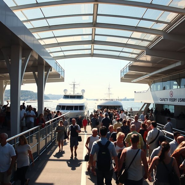 Ein Bild eines Fährterminals mit angelegten Booten.