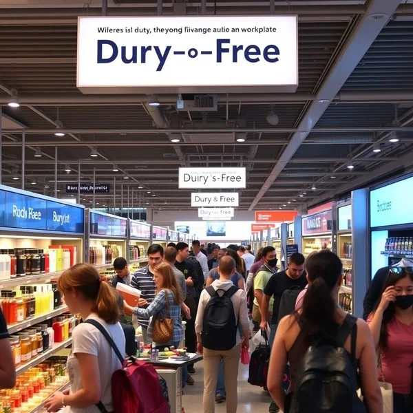 Een reiziger die naar spullen kijkt in a duty-free shop