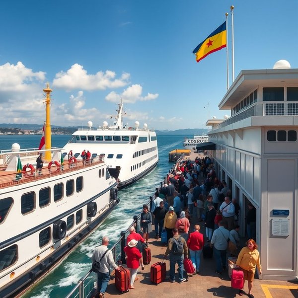 An image of a ferry terminal with boats docked.