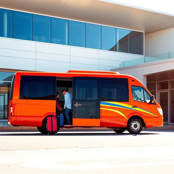 صورة تظهر حافلة "an airport shuttle" عند محطة مطار.