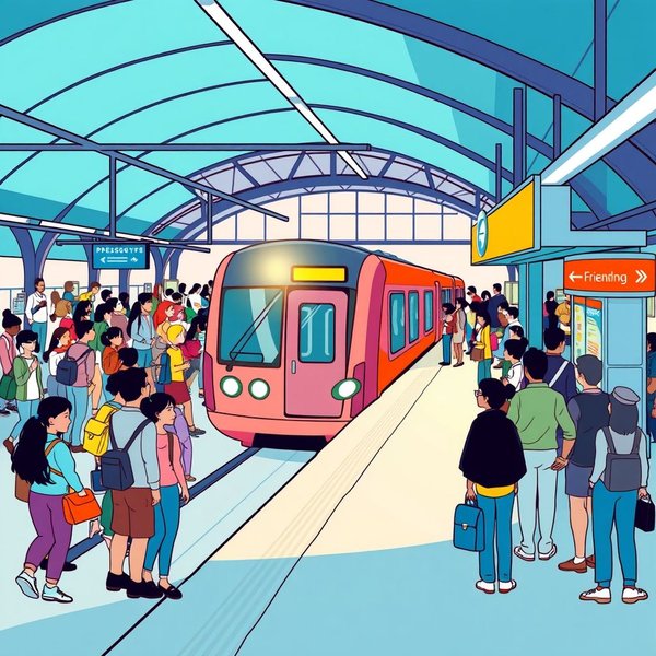 A bustling platform at a train station