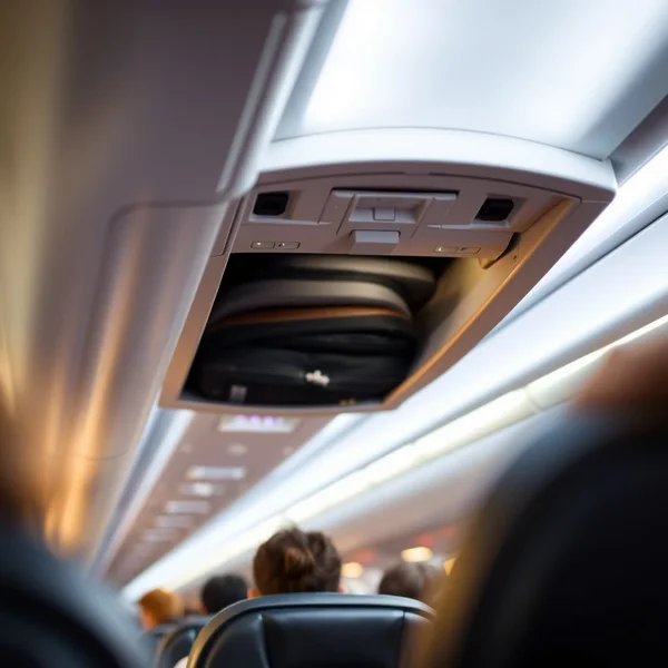 飛行機の上の棚に荷物を置く人