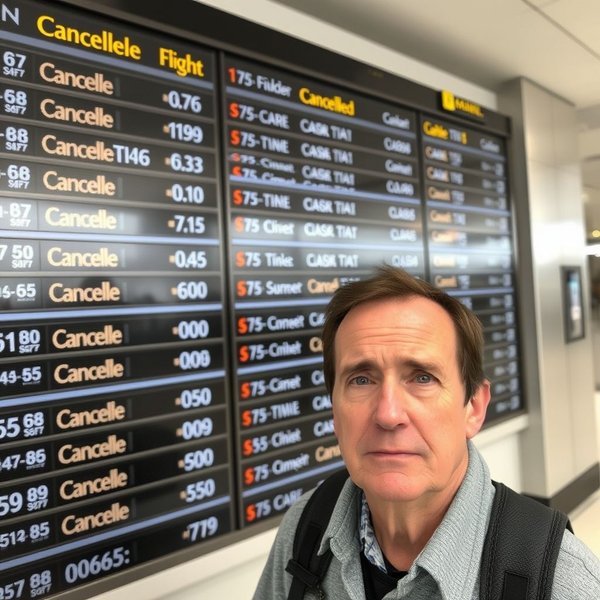 공항 출발 안내판에 표시된 a flight cancellation.