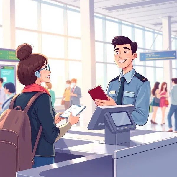 An illustration of a passport control area