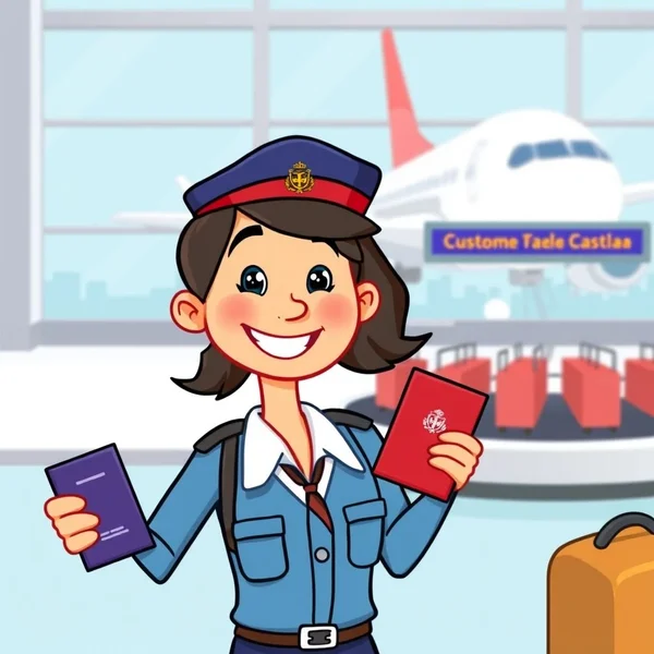 An illustration of a customs officer at an airport counter.