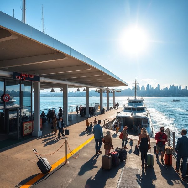 An image of a ferry terminal with boats docked.