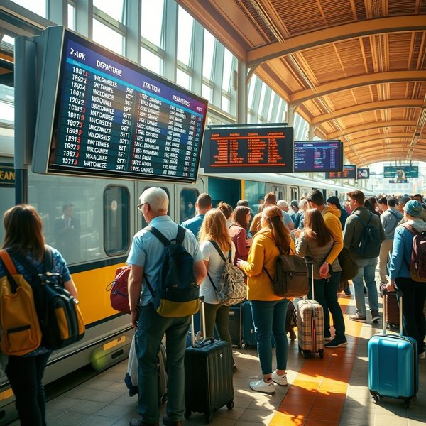 A person looking at a train schedule on a station platform