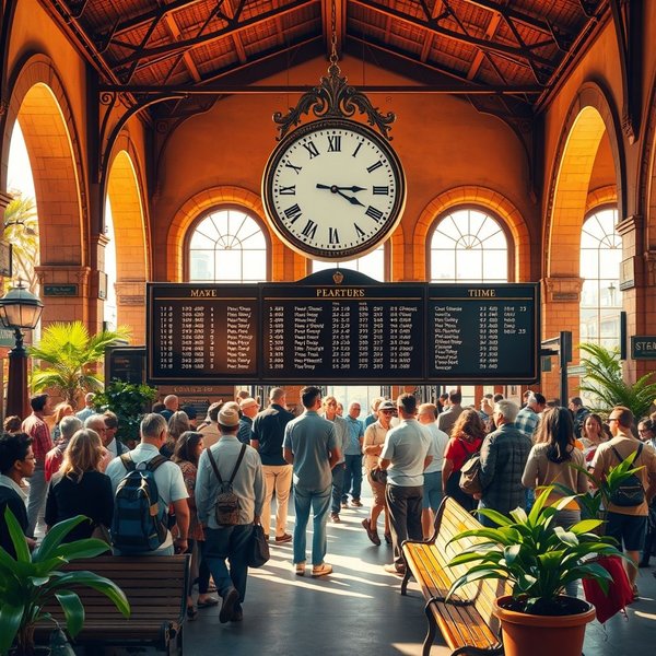 A person looking at a train schedule on a station platform