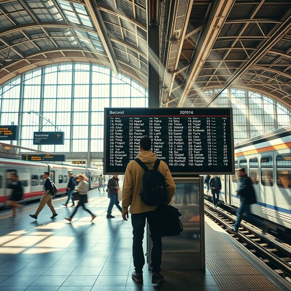 Bir kişi istasyon platformunda a train schedule'ye bakıyor