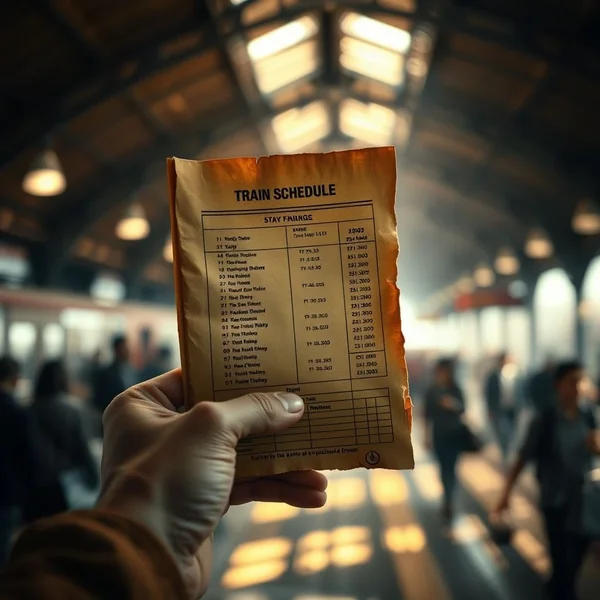 A person looking at a train schedule on a station platform