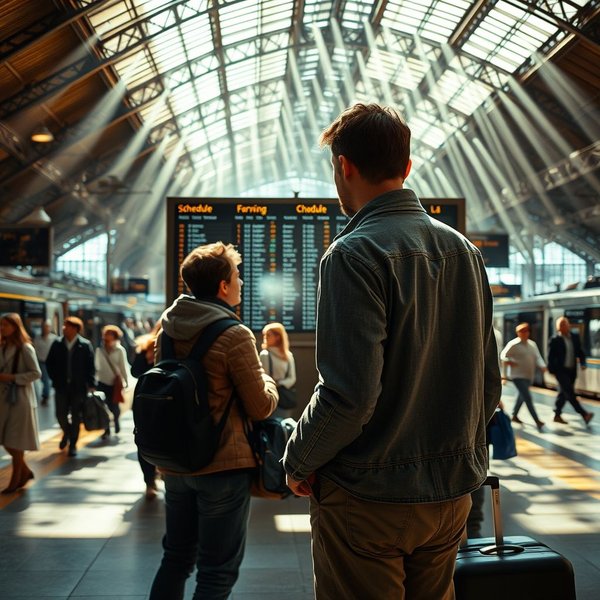 A person looking at a train schedule on a station platform
