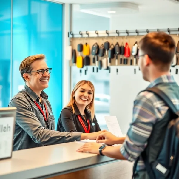 Image of a car rental counter with the phrase 'a car rental company' overlayed