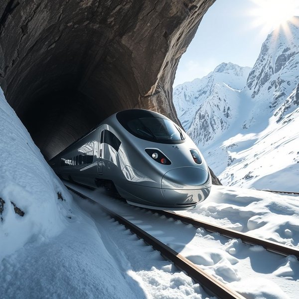 A sleek, modern high-speed train moving quickly on a track, illustrating the concept of a high-speed train.