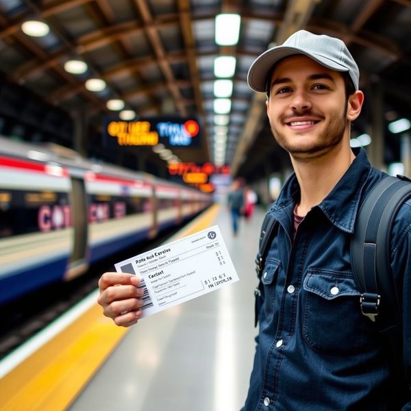 기차역에서 a train ticket을 들고 있는 사람