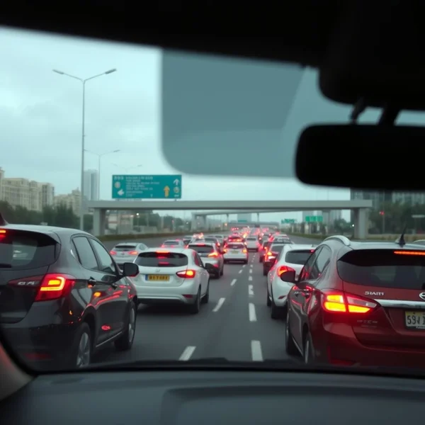 Afbeelding die een traffic jam laat zien vanuit het perspectief van een auto