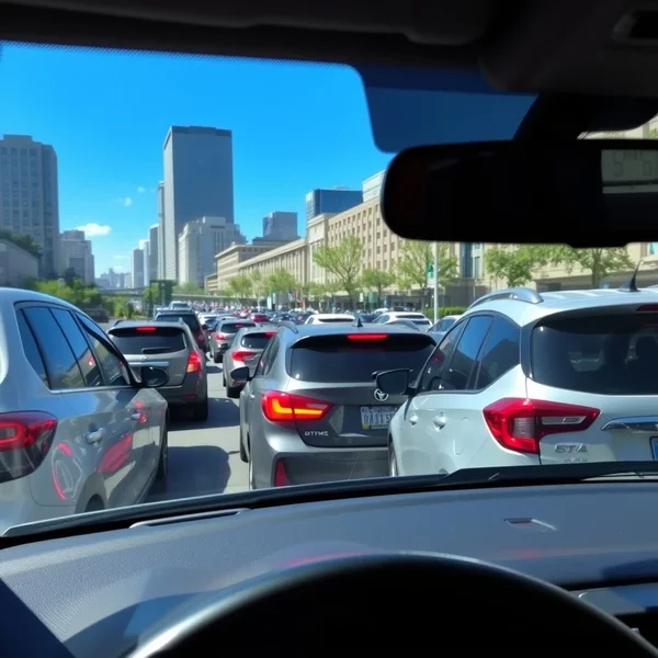 Imagen que muestra a traffic jam desde la perspectiva de un coche
