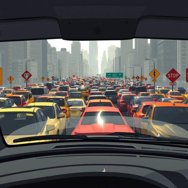 Bild, das a traffic jam aus der Perspektive eines Autos zeigt